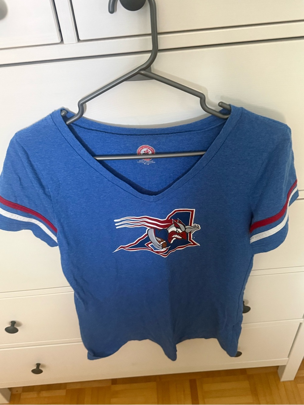 Women’s V-Neck Graphic Tee - Blue with Red & White Accents